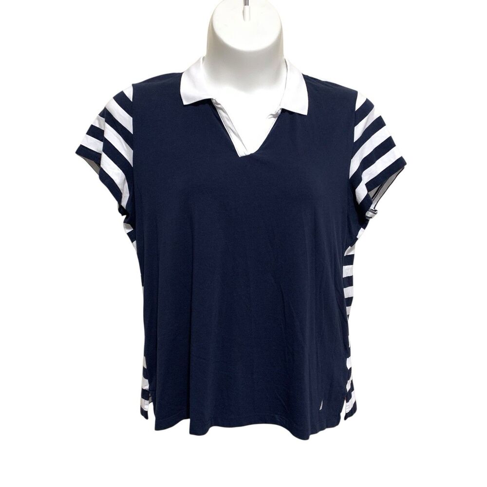 NAUTICA Polo Shirt Womens Size 2X Navy & White Short Sleeve V-Neck Collared Tee
